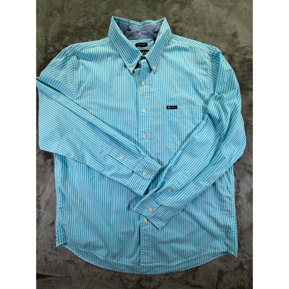 Chaps Mens Easy Care Turquoise White Striped Button Down Shirt Large L/G